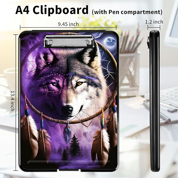 A4 Clipboards,Heavy Duty Waterproof Nursing Plastic Folder Clipboard with Storage Clip Boards,File Folder Storage Box Clipboard Case for Teacher,Doctor,Offices,Dream Catcher Wolfs