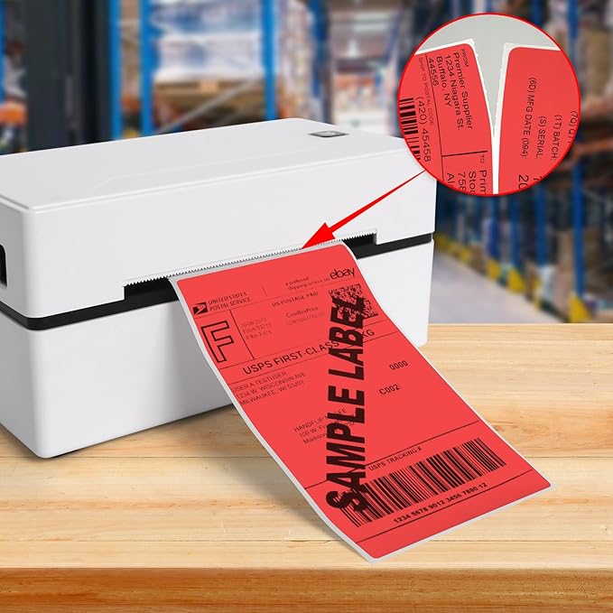 Red Thermal Labels 3 × 5 Inch Vinyl Self-Adhesive Fanfold Direct Shipping Stickers Waterproof Perforated Printer Decal for Office Warehouse Barcode 300 PCS