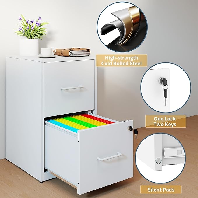2 Drawer File Cabinet with Lock, Vertical Filing Cabinets for Home Office, Metal Storage Cabinet, Heavy Duty File Cabinet for Under Desk, Amssebly Required, White