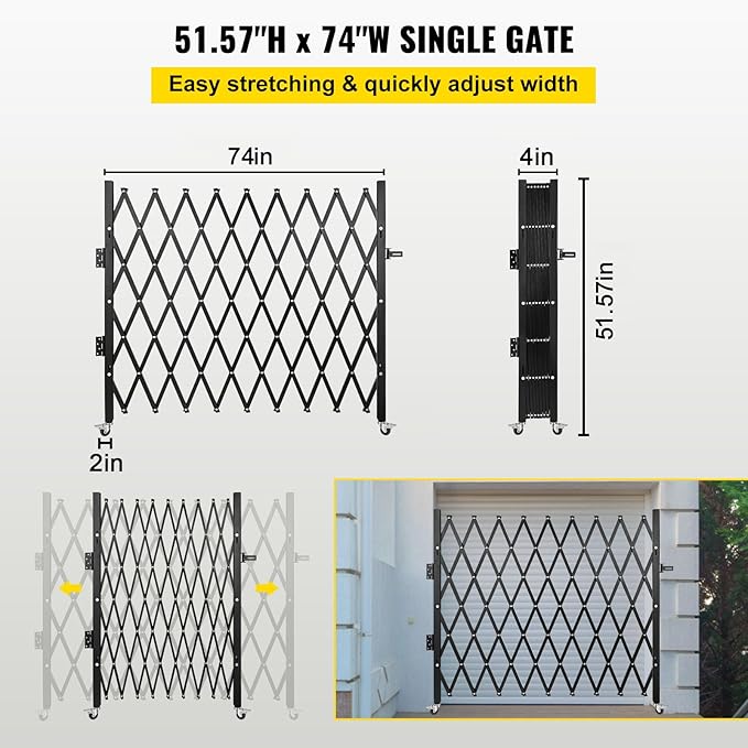 VEVOR Single Folding Security Gate, 51.57" H x 74" W, Steel Accordion Door, Flexible Expanding Barricade, 360 Rolling Scissor Gate With Padlock