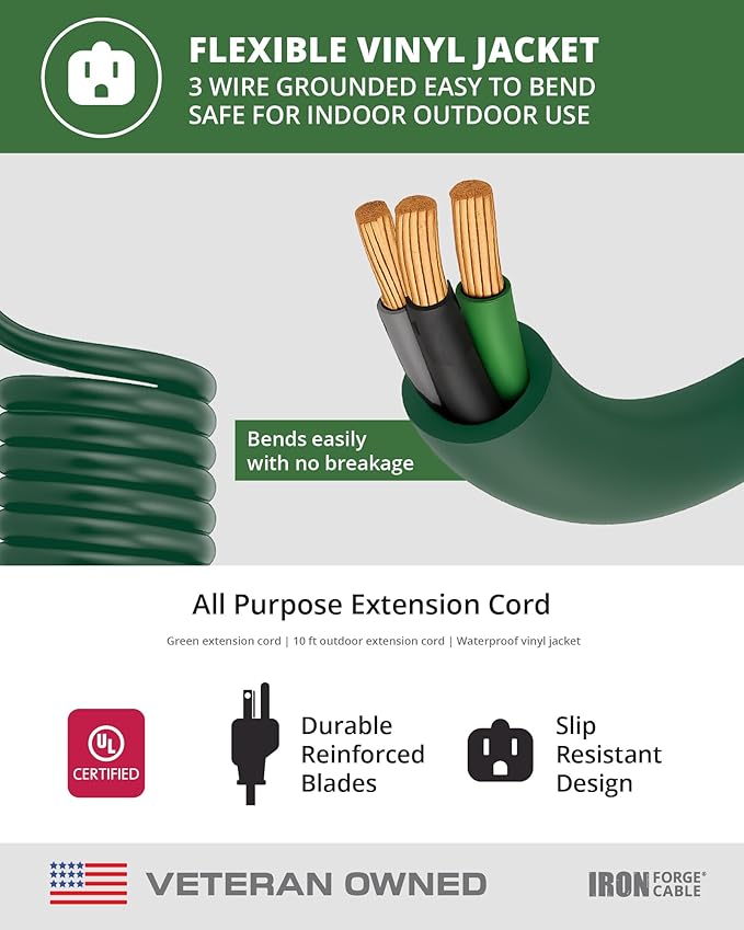 Iron Forge Cable Weatherproof 10 Ft Outdoor Extension Cord - 16/3 SJTW Heavy Duty Green Extension Cord 3 Prong - 13 Amp Exterior Power Cable