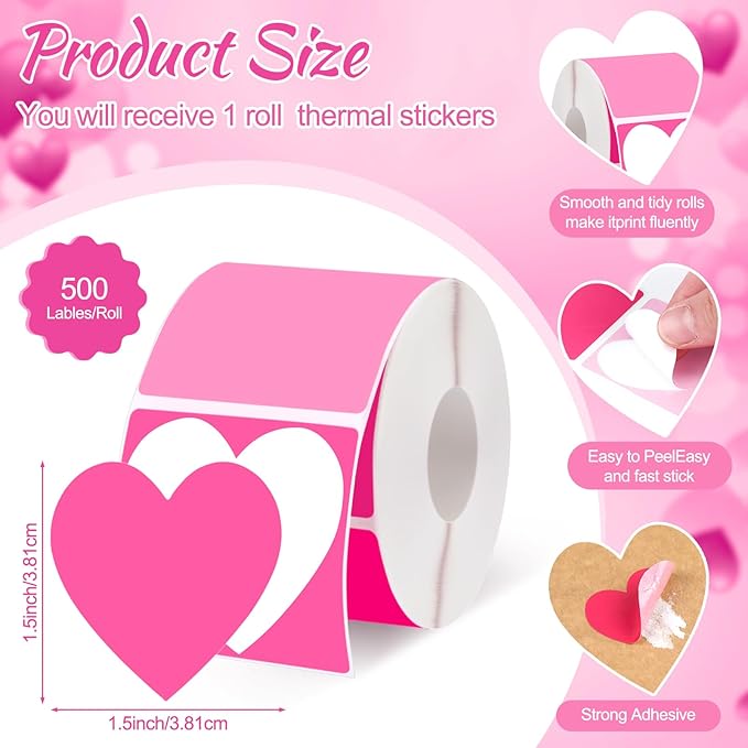 Ctosree 500 Pcs/ 1 Roll Thermal Sticker Labels Self Adhesive Direct Thermal Labels Multipurpose Printer Stickers for DIY, Name Tag(Heart,1.5 Inches,Pink Gradient)