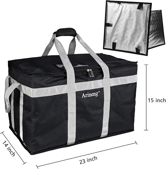 Food Delivery Insulated Bag, Insulated Cold Meal Bag, Built-in Base Plate, For Hot and Cold Food Takeout, Commercial Catering Transportation - 23 * 14 * 15 inches (Partitioned, Black)