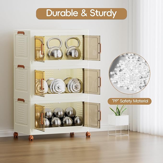 JEKO&JEKO 324 Qt Collapsible Storage Cabinets with Front-Open Doors & Wheels, 3-Pack Extra Large Stackable Plastic Organizers with Lids for Home, Bedroom & Garage Organization, Cream