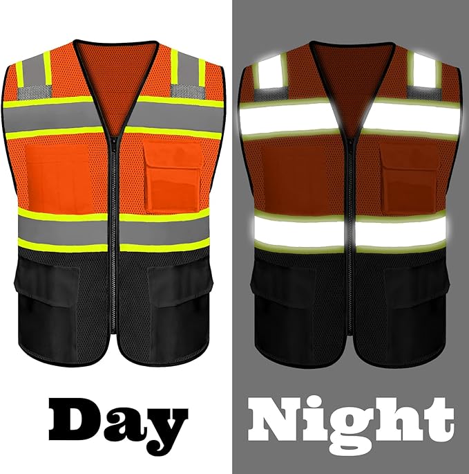 Safety Vest Reflective High Visibility with 5 Pockets ＆Zipper Class 2 Adult Unisex Construction Security Workwear