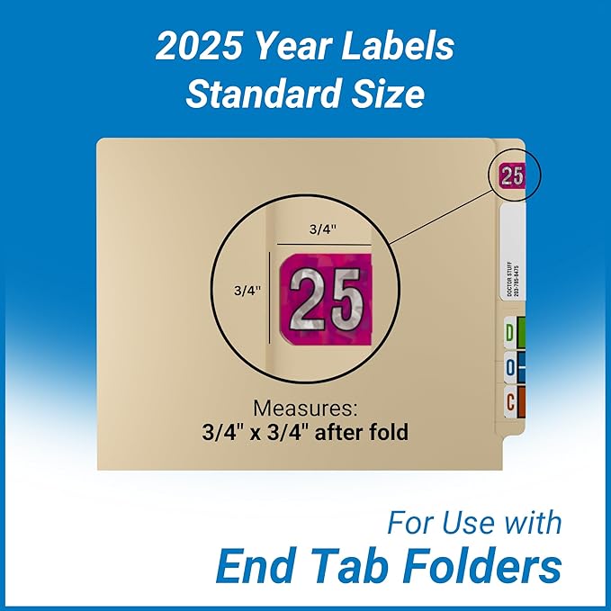 2025 Year Stickers, Doctor Stuff 2025 Chart Stickers, Holographic Fuchsia Colored, USA Made Year Labels for End Tab File Folders, 500 Labels per Roll, 1 Roll, 3/4" x 1-1/2"