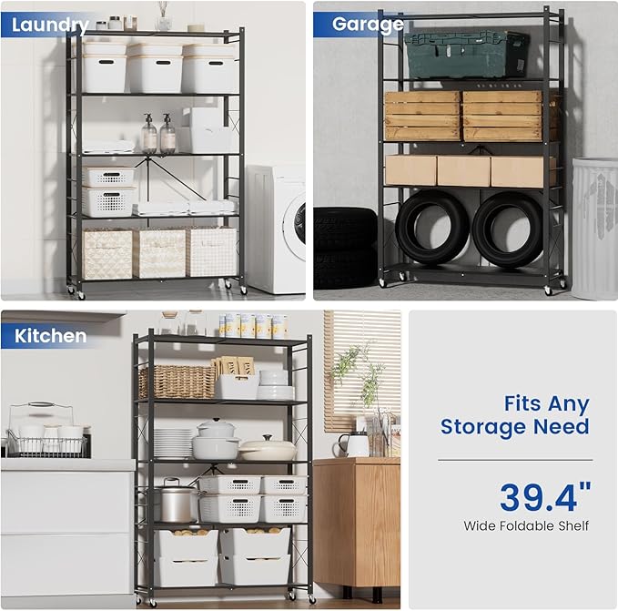 ALANNG 40" W Foldable 5-Tier Storage Shelves with Wheels, Adjustable & Removable Metal Rack, Heavy Duty Rolling Organizer for Kitchen, Garage, Closet, Pantry, and Office (Black,4 Pack)
