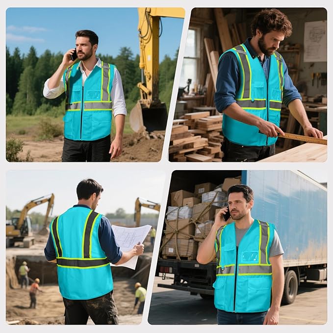 Safety Vest Customize Logo with 5 Pockets & Zipper Reflective High Visibility Vest Class 2 Outdoor Workwear