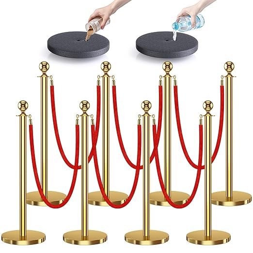 kaiyomi 8Pcs Stanchions with Red Velvet Ropes Set, 5 Feet Velvet Ropes and Posts Poles for Red Carpet Party Decoration and 360° Photo Booth (Golden)