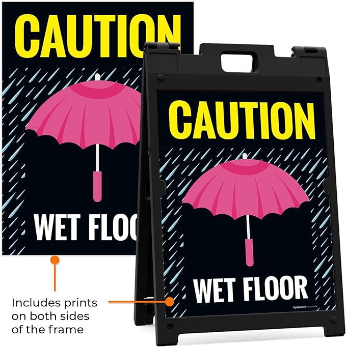 Caution Wet Floor Umbrella Sidewalk Sign Kit, 18x24 Inches, with A Frame Stand, Made in USA