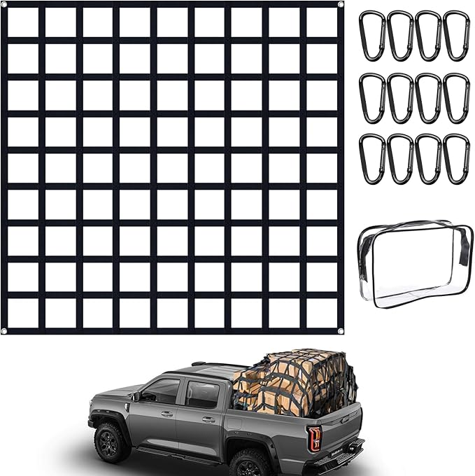 Flat Bungee Cargo Net for Pickup Truck Bed, Highly Elastic 4' x 4' Stretches to 9.5' x 9.5', 25mm mesh Width, 12 Carabiner Hooks, 4 Strong Metal Grommet, Compatible with Toyota, Ford, Chevy, Dodge RAM