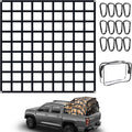 Flat Bungee Cargo Net for Pickup Truck Bed, Highly Elastic 4' x 4' Stretches to 9.5' x 9.5', 25mm mesh Width, 12 Carabiner Hooks, 4 Strong Metal Grommet, Compatible with Toyota, Ford, Chevy, Dodge RAM