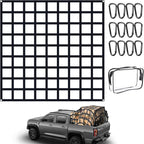 Flat Bungee Cargo Net for Pickup Truck Bed, Highly Elastic 4' x 4' Stretches to 9.5' x 9.5', 25mm mesh Width, 12 Carabiner Hooks, 4 Strong Metal Grommet, Compatible with Toyota, Ford, Chevy, Dodge RAM