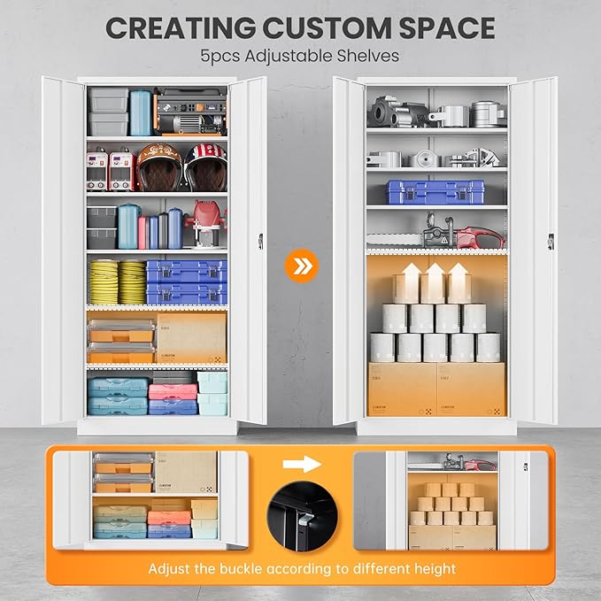 Metal Garage Storage Cabinets with Lock, 72" Tall Tool Cabinet with 2 Door and 5 Adjustable Shelves, Locking Garage Cabinets and Lockable Steel Locker for Home Office Warehouse - (White-72”H)