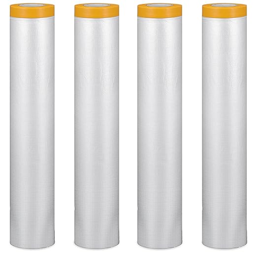 4 Rolls 8.8 x 65 Feet Plastic Sheeting Pre-Taped Masking Film Drop Cloth for Painting, Automotive Covering and Appliance Protection