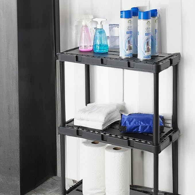 Gracious Living 3 Shelf Knect-A-Shelf Solid Light Duty Storage Unit 12 x 24 x 33 Organizer for Home, Garage, Basement & Laundry, Black