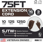 Iron Forge Cable Outdoor Brown Extension Cord 75 ft - 16 Gauge 10 Amp Heavy Duty Brown Outdoor Extension Cords 3 Prong - 16/3 SJTW Great for Outdoor