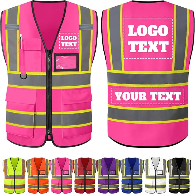 Custom Safety Vest with Logo Personalized High Visibility Vest Reflective for Men with Pockets Zipper Construction Workwear