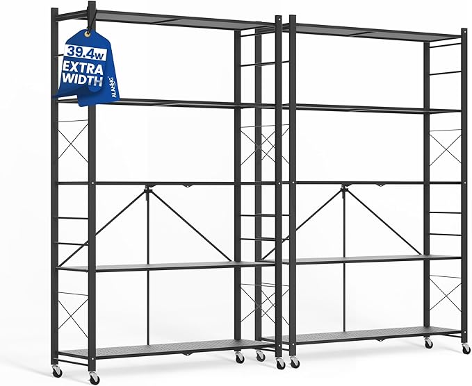ALANNG 40" W Foldable 5-Tier Storage Shelves with Wheels, Adjustable & Removable Metal Rack, Heavy Duty Rolling Organizer for Kitchen, Garage, Closet, Pantry, and Office (Black,2 Pack)