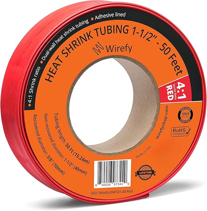 Wirefy 1-1/2" Heat Shrink Tubing - Large Diameter - 4:1 Ratio - Adhesive Lined - Industrial Heat-Shrink Tubing - 50 Feet Roll - Red
