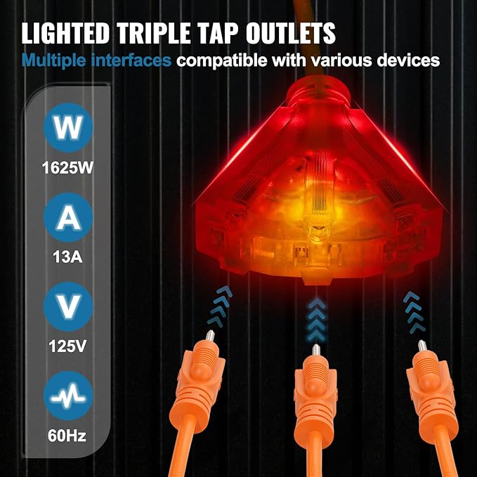 VEVOR 75FT Retractable Extension Cord Reel, 14AWG/3C SJTOW Heavy Duty Power Cord w/Lighted Electrical Triple Tap Outlets, 13A Circuit Breaker,180° Swivel Bracket for Workshop or Garage, Red