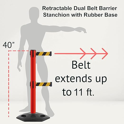 Montour Line MSR630D Set of 2 Retractable Belt Barrier Stanchion, Heavy-Duty Rubber Base, Red Post (11 ft Yellow with "Caution - DO NOT Enter" Black Letters Dual Belt)