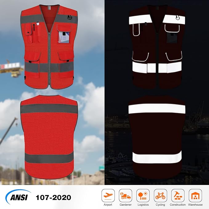 TCCFCCT Mesh Safety Vest 9 Pockets High Visibility Reflective Safety Vest for Men Women, Hi Vis Work Vest with Reinforced Sewing for Workers, Surveyors, Meets ANSI/ISEA, (Red, 3X-Large)