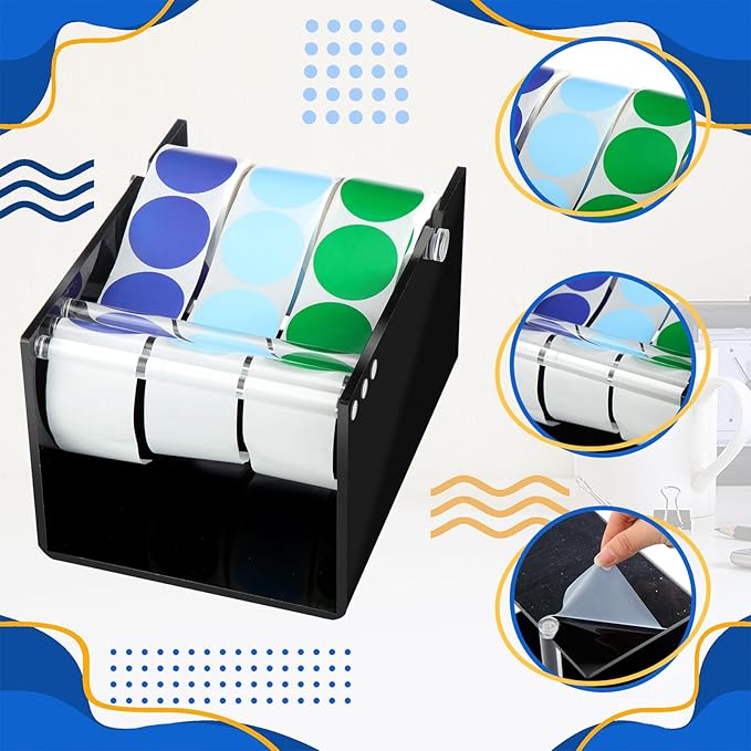 1 Pcs Adjustable Label Dispenser 3 Disks Sticker Roll Holder Sticker Dispenser Label Roll Holder Acrylic Tape Organizer Stand for Office Home Desktop(Black)