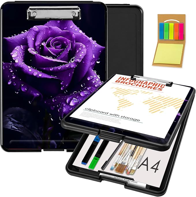 Clipboard with Storage,Office Supplies Nursing Clipboards Folder with Pen Holder Plastic Foldable Clip Board with Storage for Nurse Teacher,Purple Rose