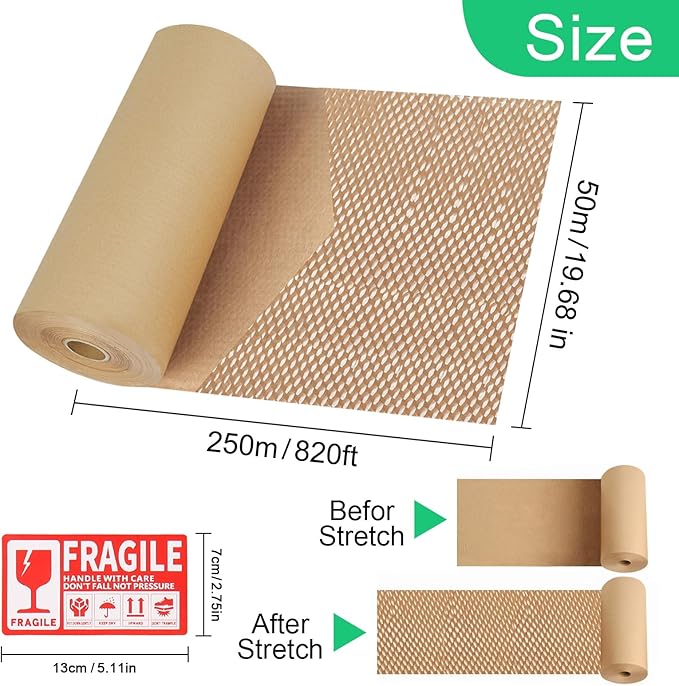 Honeycomb Packing Paper Roll - 19.68'' x 820ft, 200 Fragile Stickers Included | Wine Box, Artwork & Glassware Protector | Heavy-Duty Cushioning Wrap for Shipping, Moving & Gift Packaging
