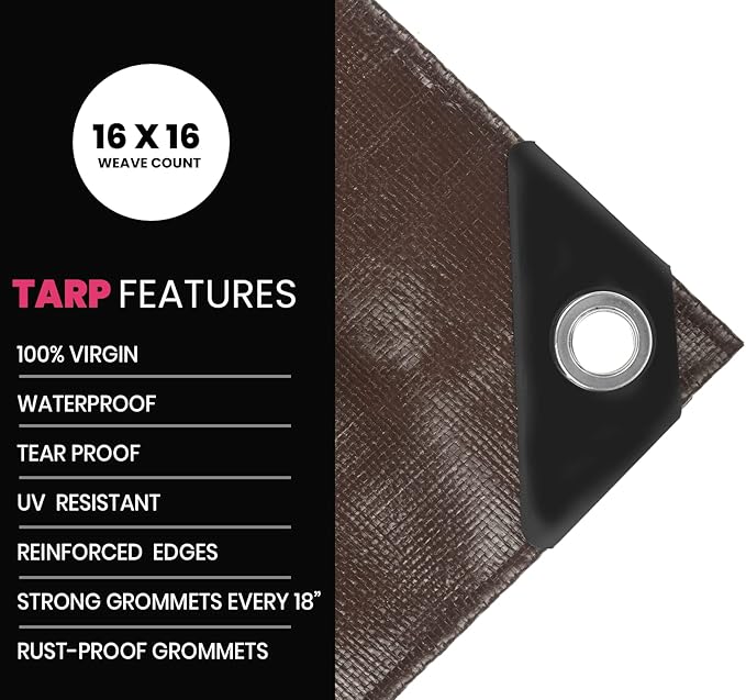 PROTARP Extreme Heavy Duty 22 Mil Tarp Cover, Waterproof, UV Resistant, Rip and Tear Proof, Poly Tarpaulin with Reinforced Edges for Roof, Camping, Patio, Pool, Boat. (Brown/Black 20′ X 40′)