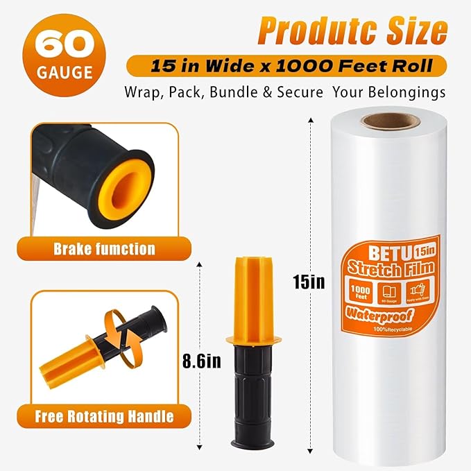 Stretch Film Shrink Wrap for Moving Supplies (15inch, 1 Pack) x 1000ft, Industrial Strength Plastic Wrap Stretch Roll for Pallet Wrapping Shipping Moving Boxes Storage Furniture with Handles, Clear