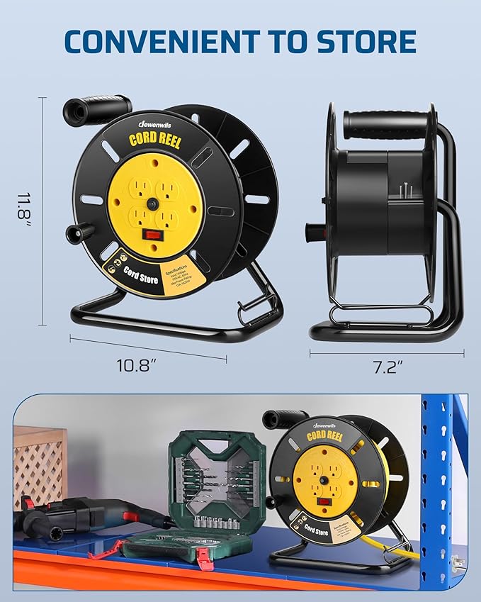 DEWENWILS Extension Cord Storage Reel with 4-Grounded Outlets, Heavy Duty Open Cord Reel for 12/3,14/3,16/3 Gauge Power Cord, Hand Wind Retractable, 13A Circuit Breaker, Yellow, ETL Listed