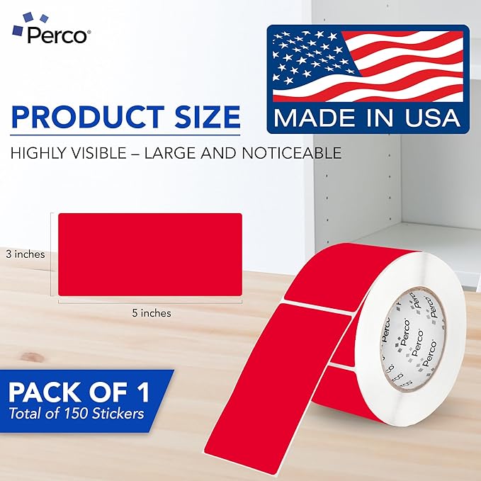 Perco Red 3x5 Inch Perforated Sticker Labels — 150 Stickers Per Roll — with Permanent Adhesive for Inventory Management, Color Coding, Moving Boxes, Retail, Organizing, Crafting & More — Made in USA