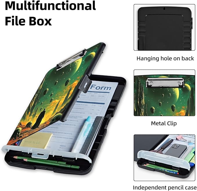 Clipboard with Storage Box & Pen Holder,Heavy Duty Clip Boards 8.5x11 for Nursing,High Capacity,School & Office Supplies,Alien Landscape