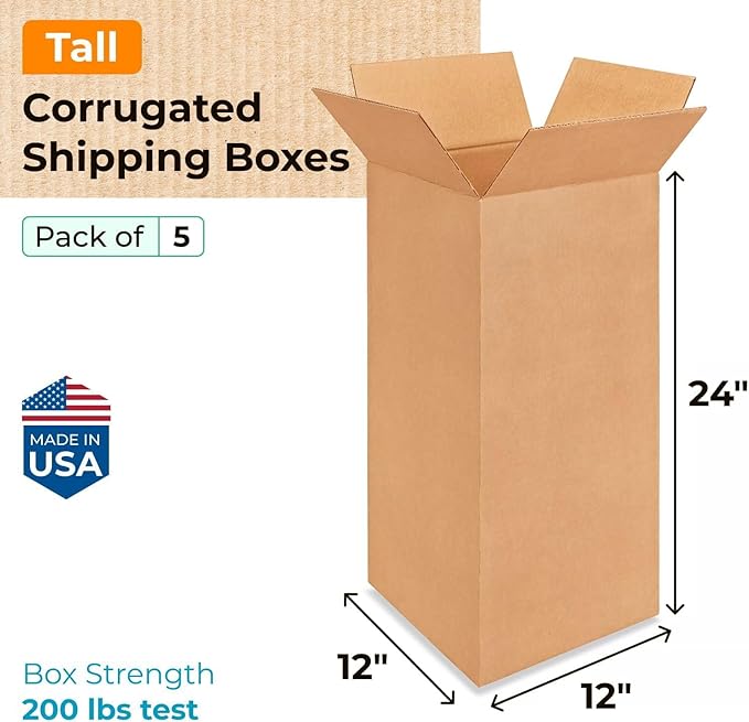 Tall Moving & Shipping Boxes 12 x 12 x 24 inches (5-Pack) - Extra Strength 200 lb vs Regular - Corrugated Moving Boxes - Packaging Box for Delivery - Packing and Moving Box by IDL Packaging