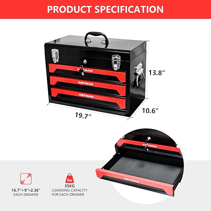 3 Drawers Metal Tool Box, 19" Heavy Duty Steel Tool Chest w/Key Lock & Handle, Multi-Function Top Storage Tray Toolbox w/Powder Coating & Ball Bearing Slides for Garage & Workshop(Black+Red)