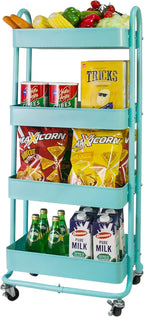 elabo 4-Tier Metal Mesh Utility Rolling Cart, Storage Organizer Trolley Services Cart with Lockable Wheels for Kitchen, Bathroom, Living Room (Blue)