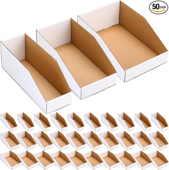 50 Pack Cardboard Storage Bins Assorted Sizes, Cardboard Boxes, 28 Pack 12x4x4.5, 14 Pcs 12x6x4.5, 8 Pcs 12x8x4.5 Corrugated Organizer Bins for Pantry, Shelves, Garage, Office, Shop
