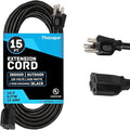 15 Ft Black Outdoor Extension Cord - 16/3 SJTW Weatherproof Water Resistant Electrical Cable with 3 Prong Grounded Plug for Indoor & Outdoor,