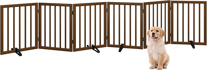 Freestanding Foldable Dog Gate - Indoor Pet Gate with Metal Support Feet, Room Divider 6 Panels (Walnut)