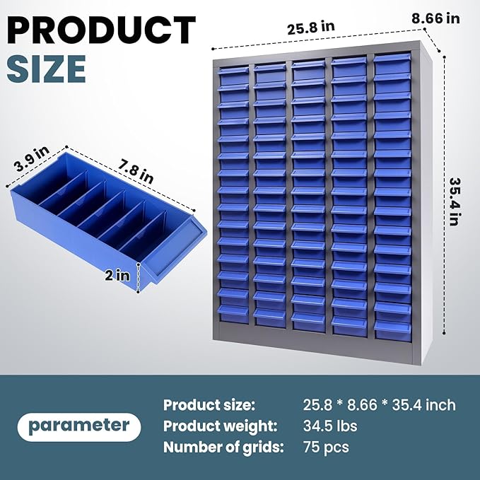 Part Cabinet with 75 Drawers, Shelves & Label Stickers - Bolt and Nut Organizer Bolt Bin Cabinets, Stainless Steel Tool Storage Cabinet for Hardware Organization Small Items and Parts (75 Drawers)