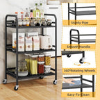 HDANI 3 Tier Rolling Cart Shelves,Heavy Duty Multifunctional Metal Frame-Supports 22 Lbs Per Tier,Rolling Cart with 2 Lockable Wheels for Home,Office,Kitchen,Bathroom,Bedroom,Black