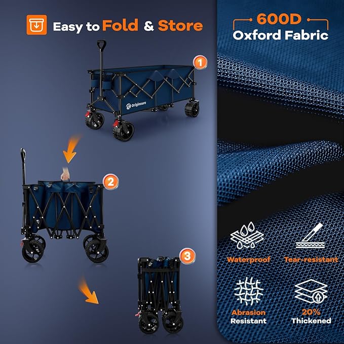 48" L Collapsible Wagon Cart Foldable, 560lbs Weight Capacity 300L Heavy Duty Folding Beach Wagons with Big All-Terrain Wheels, Utility Carts for Groceries, Shopping, Camping, Sports - Blue