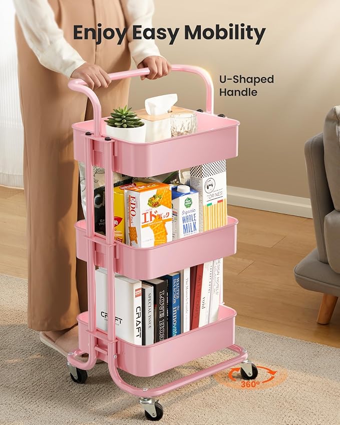 Pipishell 3 Tier Mesh Utility Cart, Rolling Metal Organization Cart with Handle and Lockable Wheels, Multifunctional Storage Shelves for Kitchen Living Room Office Pink
