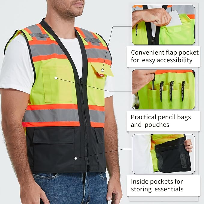 ProtectX 6 Pockets High Visibility Safety Vest for Men Women Class 2 Reflective Hi Vis Work Construction Vest