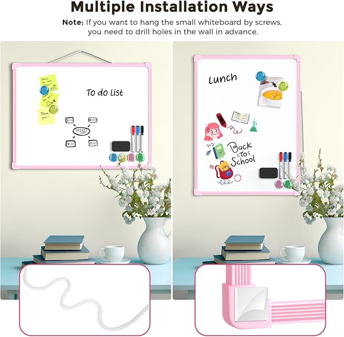 MaxGear Double-Sided Dry Erase Board for Wall, 16"x12" Hanging Whiteboard, Small Dry Erase White Board kit, Portable Whiteboard for Planning, Drawing, Memo, to Do List, Pink Frame