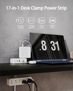 Dual Layer Desk Clamp Power Strip（White）, Desktop Edge Mount Charging Station with 13 Outlets 4 USB Ports (2 USB C), Under Desk Surge Protector(1700 Joules), 10 Ft Extension Cord for Office