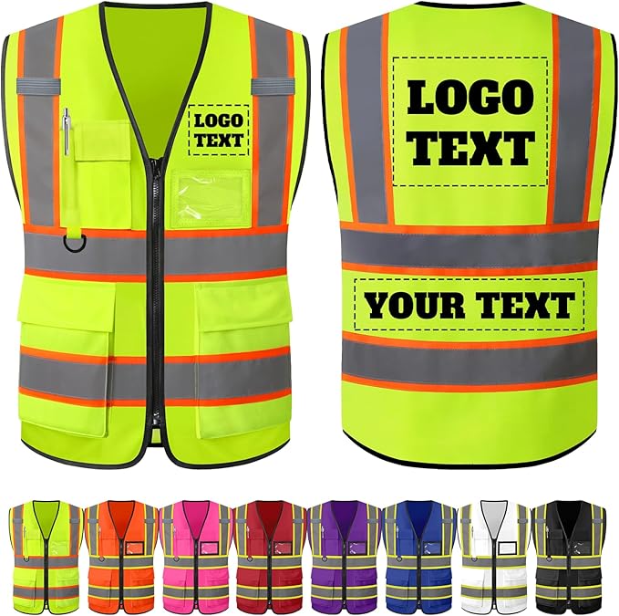 Custom Safety Vest with Logo Personalized High Visibility Vest Reflective for Men with Pockets Zipper Construction Workwear