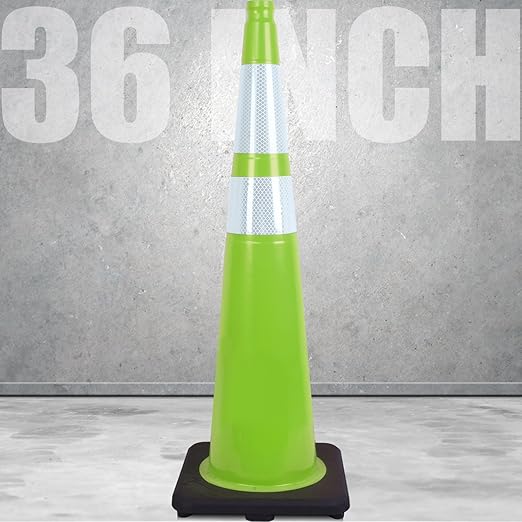 Fluorescent Orange/Green PVC Traffic Cones, Heavy Black Base Parking Lot Cone Structurally Stable Weatherproof Road Construction Safety Cones (8, Green, 36" Extra Large)